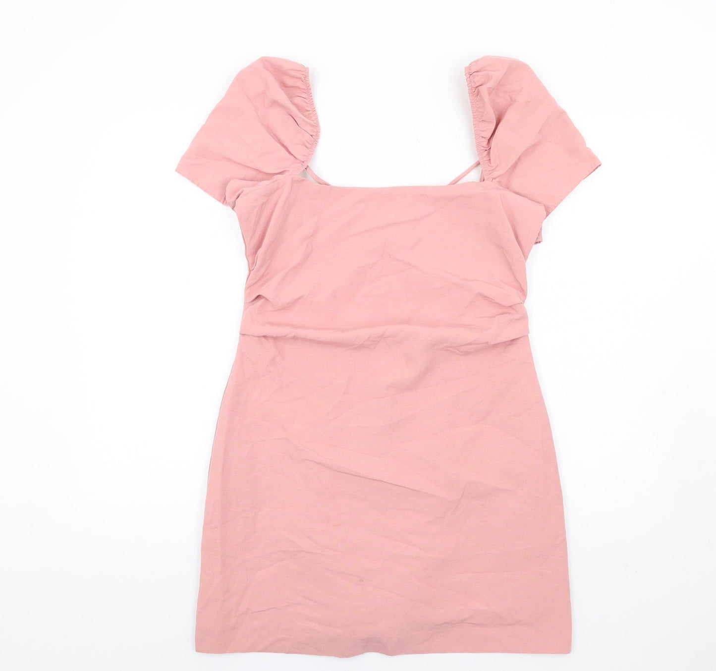 Zara Womens Pink Cotton A-Line Size L Square Neck Zip - Puff Sleeve Open back