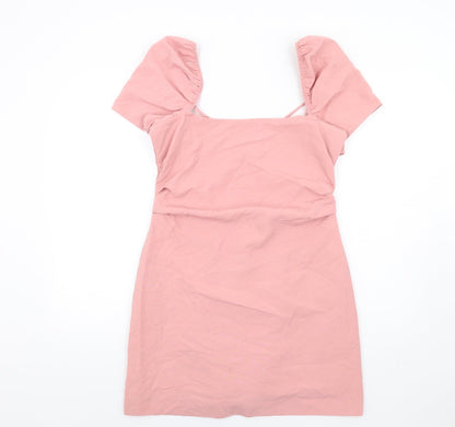 Zara Womens Pink Cotton A-Line Size L Square Neck Zip - Puff Sleeve Open back