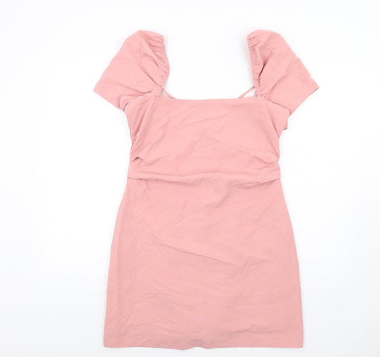 Zara Womens Pink Cotton A-Line Size L Square Neck Zip - Puff Sleeve Open back