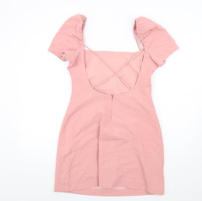 Zara Womens Pink Cotton A-Line Size L Square Neck Zip - Puff Sleeve Open back