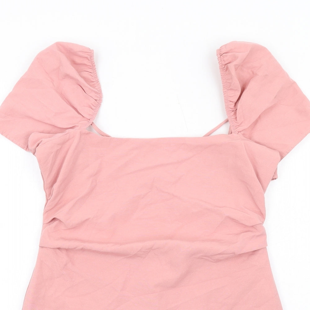 Zara Womens Pink Cotton A-Line Size L Square Neck Zip - Puff Sleeve Open back
