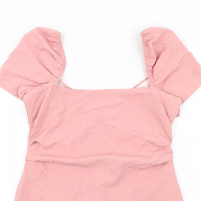 Zara Womens Pink Cotton A-Line Size L Square Neck Zip - Puff Sleeve Open back
