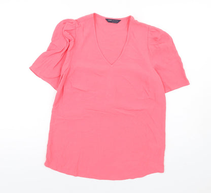 Marks and Spencer Womens Pink Viscose Basic T-Shirt Size 6 V-Neck