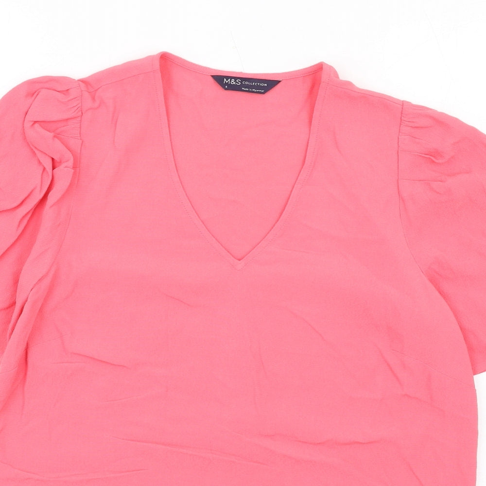 Marks and Spencer Womens Pink Viscose Basic T-Shirt Size 6 V-Neck