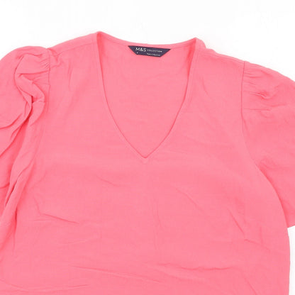 Marks and Spencer Womens Pink Viscose Basic T-Shirt Size 6 V-Neck