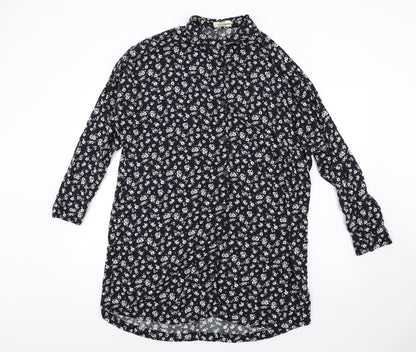 Pull&Bear Womens Blue Floral Viscose Shirt Dress Size L Collared Button