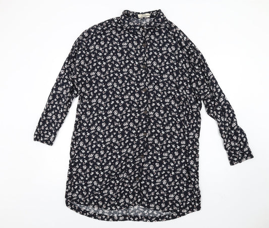 Pull&Bear Womens Blue Floral Viscose Shirt Dress Size L Collared Button