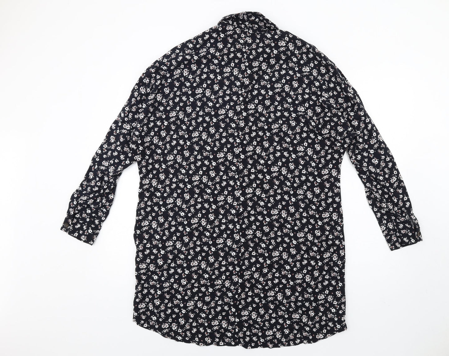 Pull&Bear Womens Blue Floral Viscose Shirt Dress Size L Collared Button