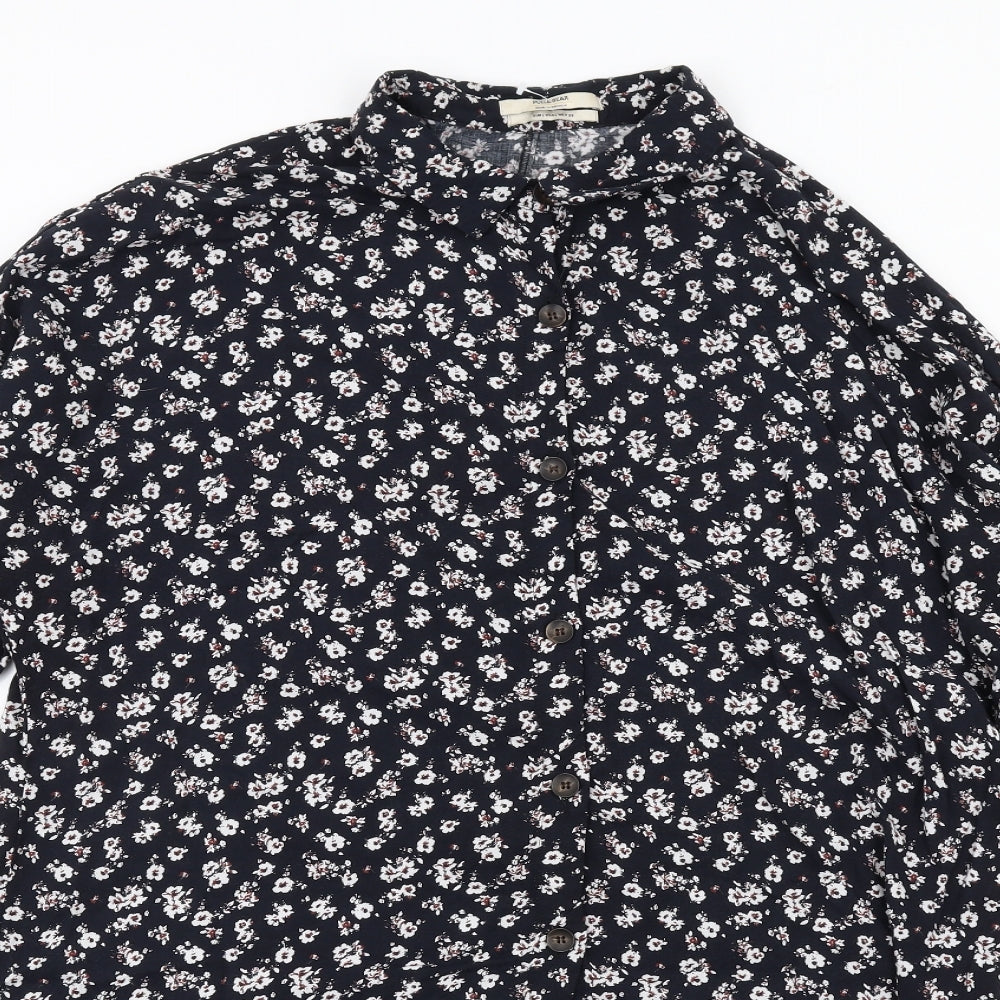 Pull&Bear Womens Blue Floral Viscose Shirt Dress Size L Collared Button