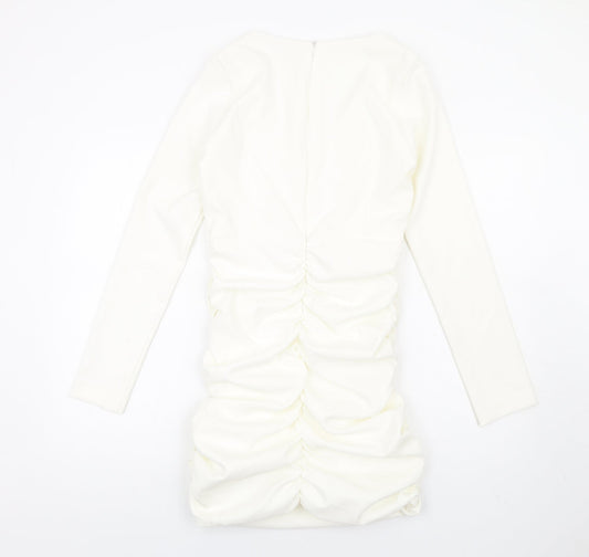 Zara Womens Ivory Polyester Bodycon Size L V-Neck Zip - Ruched