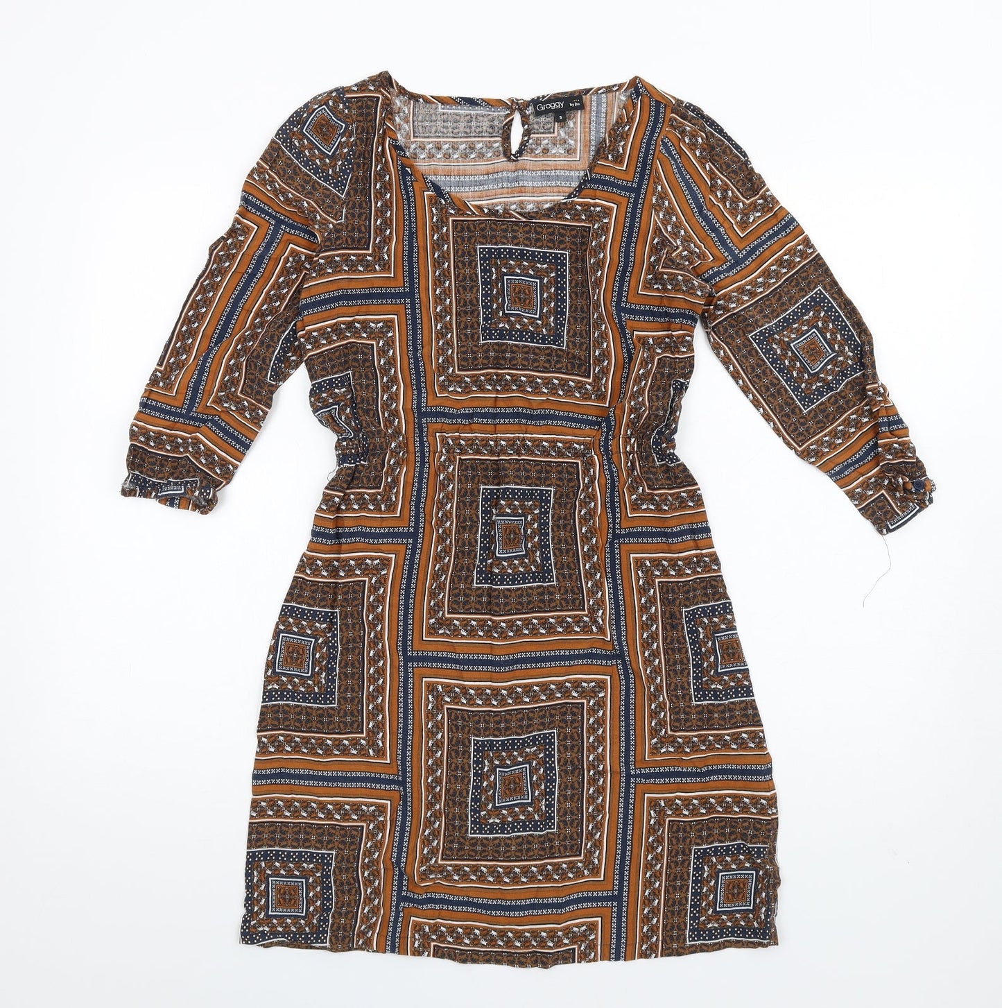 Groggy Womens Multicoloured Geometric Viscose A-Line Size S Scoop Neck Button