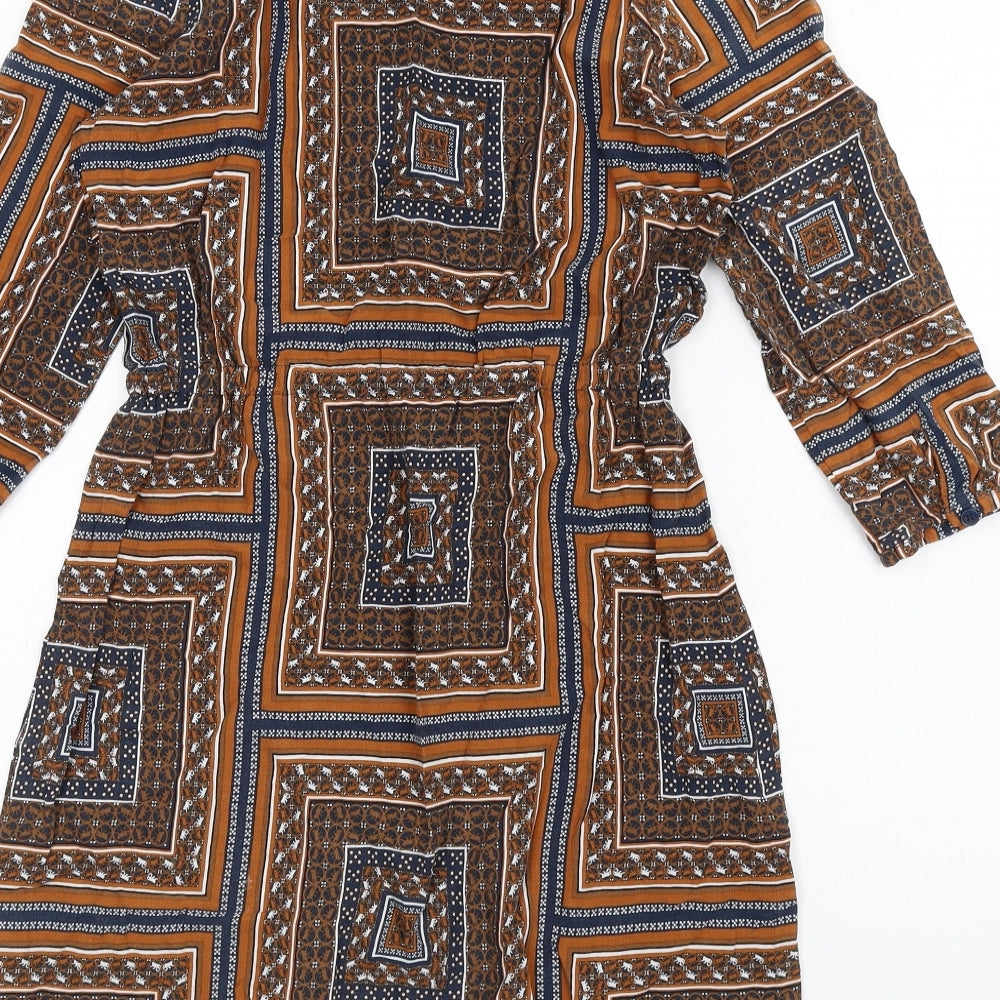 Groggy Womens Multicoloured Geometric Viscose A-Line Size S Scoop Neck Button