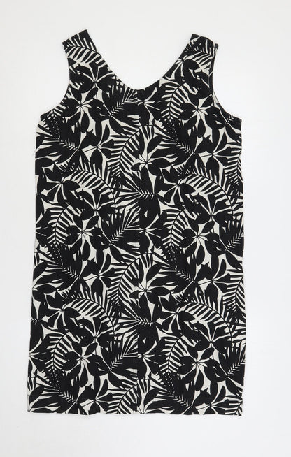 Amara Reya Womens Black Floral Linen Shift Size 12 V-Neck Pullover