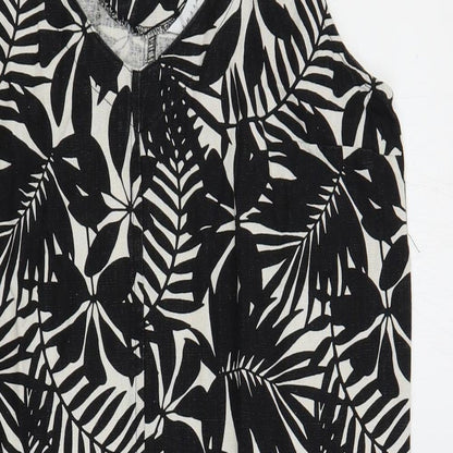 Amara Reya Womens Black Floral Linen Shift Size 12 V-Neck Pullover