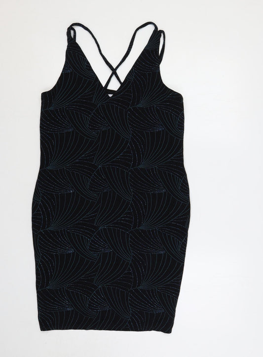 Red Herring Womens Black Geometric Polyester Bodycon Size 16 V-Neck Pullover - Glitter