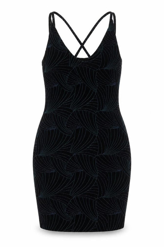 Front view of Red Herring women’s black geometric polyester bodycon, size UK 16, v-neck pullover - glitter