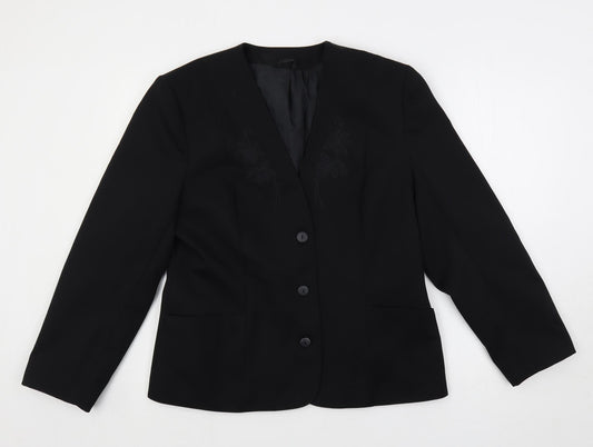 Classic Woman Womens Black Jacket Blazer Size 14 Button - Embroidered