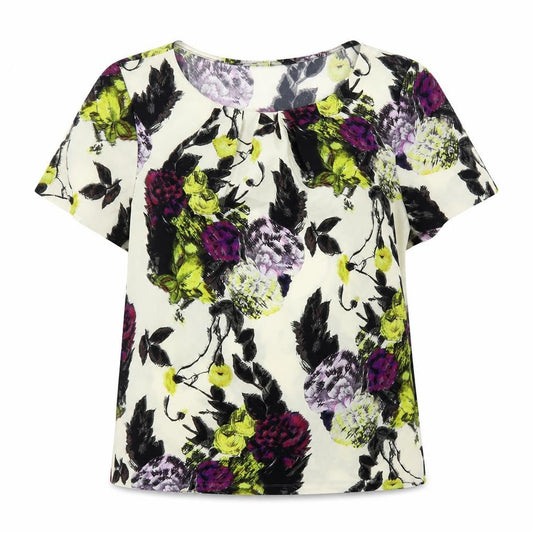 Front view of Betty Jackson women’s multicoloured floral polyester basic blouse, size UK 12, boat neck
