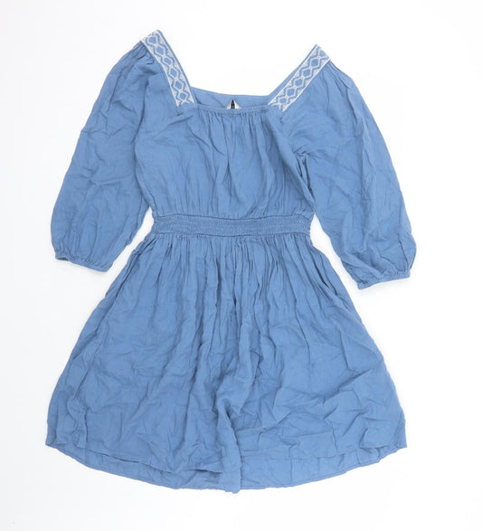 Marks and Spencer Womens Blue Linen Fit & Flare Size 6 Square Neck Pullover - Embroidered Neckline