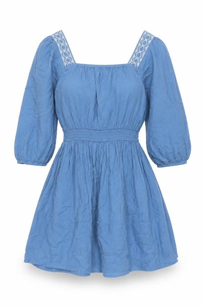 Marks and Spencer Womens Blue Linen Fit & Flare Size 6 Square Neck Pullover - Embroidered Neckline