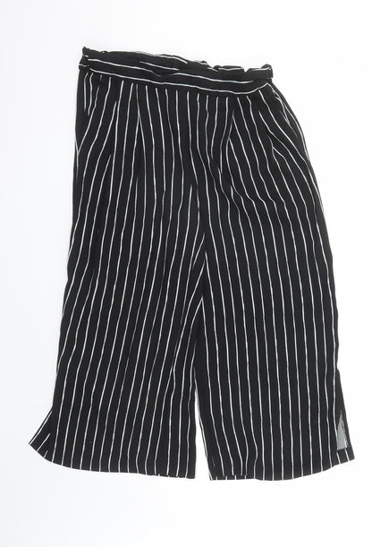 Marks and Spencer Womens Black Striped Polyester Cropped Trousers Size 10 L21 in Regular - Elasticated Waist