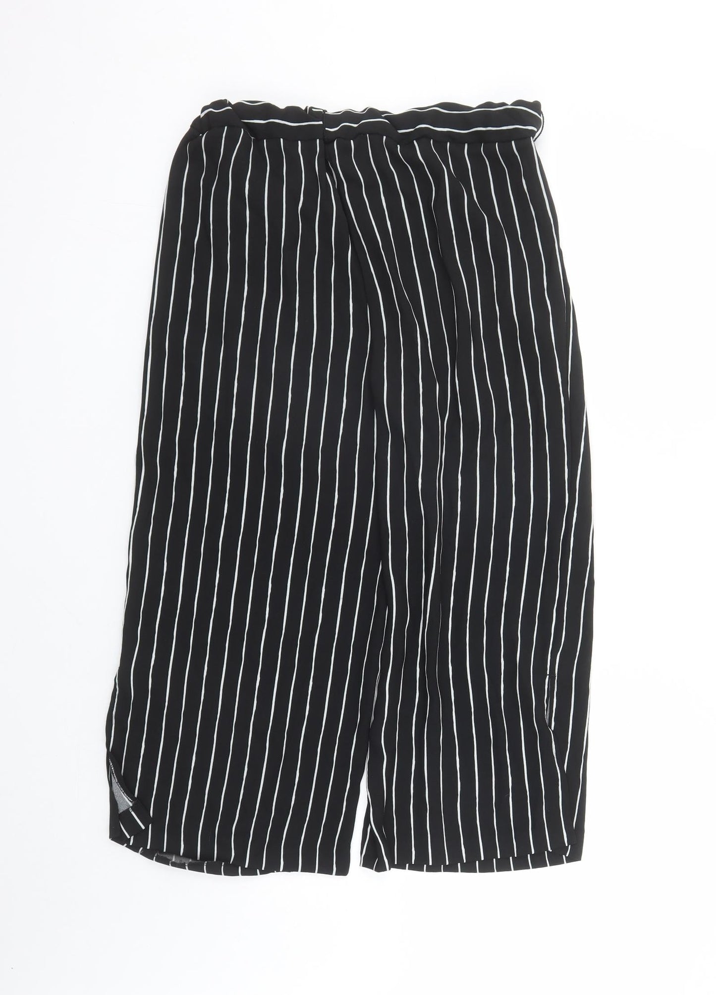 Marks and Spencer Womens Black Striped Polyester Cropped Trousers Size 10 L21 in Regular - Elasticated Waist