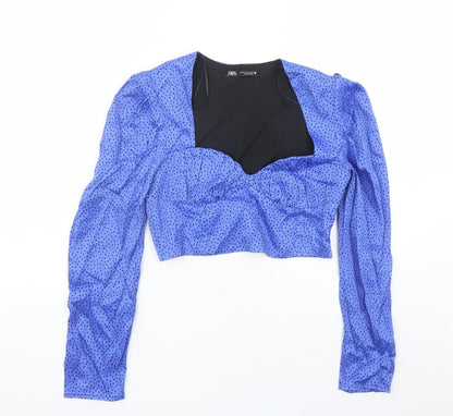 Zara Womens Blue Geometric Viscose Cropped Blouse Size M Sweetheart