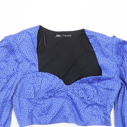 Zara Womens Blue Geometric Viscose Cropped Blouse Size M Sweetheart
