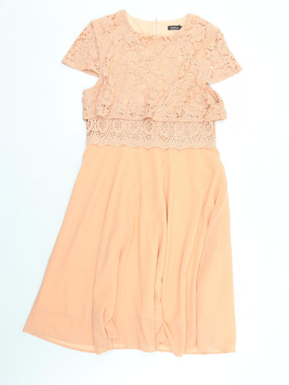 Boohoo Womens Orange Polyester Fit & Flare Size 14 Round Neck Zip - Crochet Detail