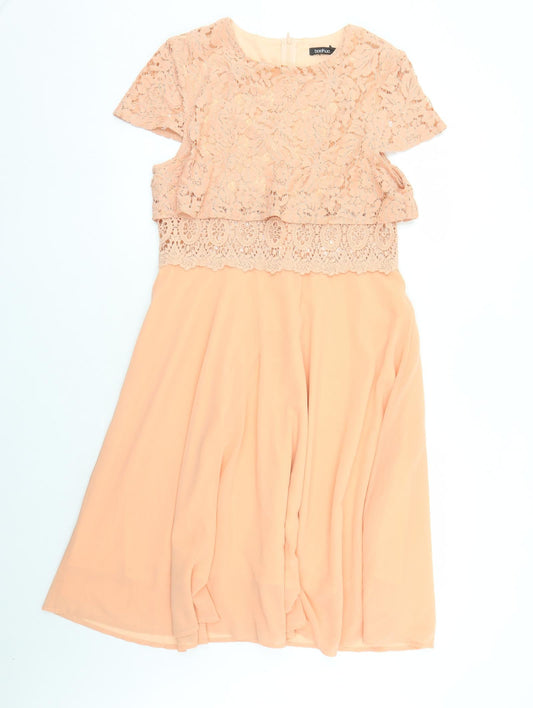 Boohoo Womens Orange Polyester Fit & Flare Size 14 Round Neck Zip - Crochet Detail