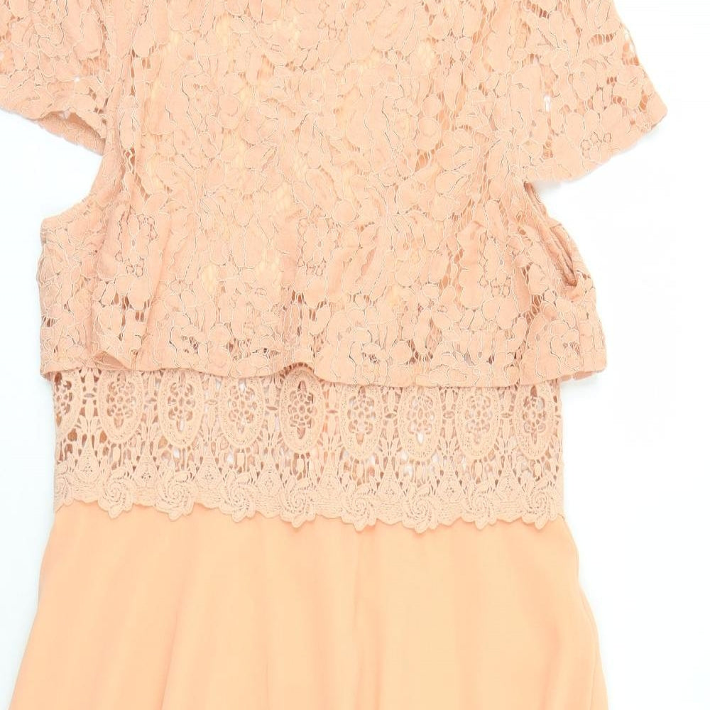 Boohoo Womens Orange Polyester Fit & Flare Size 14 Round Neck Zip - Crochet Detail