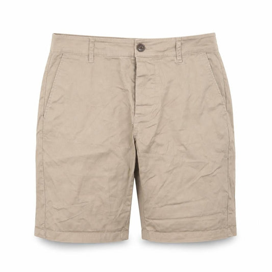 Front view of ASOS men’s brown cotton bermuda shorts, size 28, in, 7-inch leg regular zip