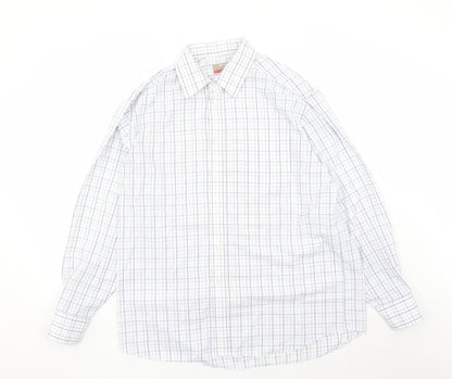 Marks and Spencer Mens White Check Polyester Button-Up Size 16.5 Collared Button