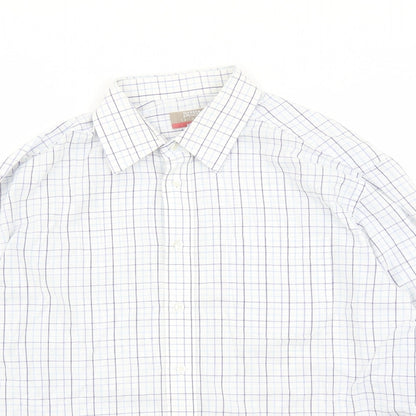 Marks and Spencer Mens White Check Polyester Button-Up Size 16.5 Collared Button