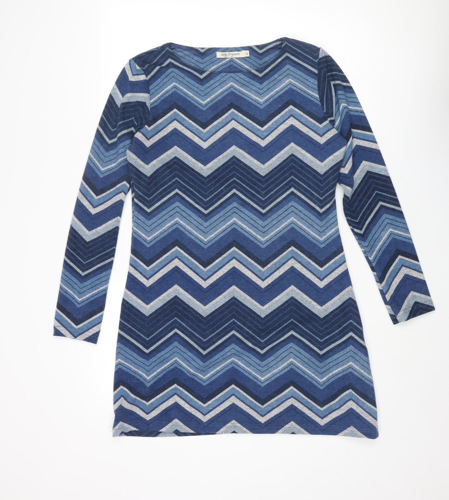 Lily Originals Womens Blue Boat Neck Geometric Polyester Pullover Jumper Size 12