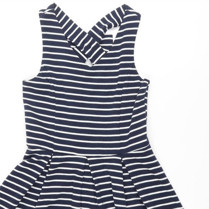 Zunie Girls Blue Striped Polyester A-Line Size 14 Years Scoop Neck Snap - Bow