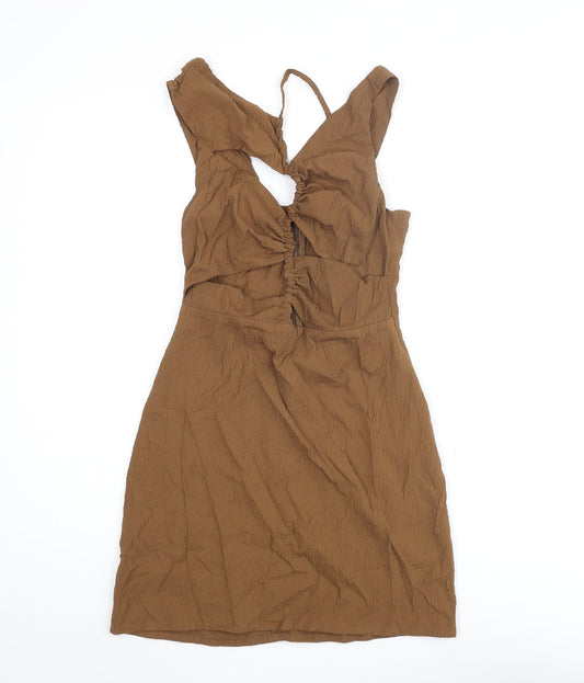 Pull&Bear Womens Brown Polyester Mini Size S V-Neck Zip - Rouched Cut Out