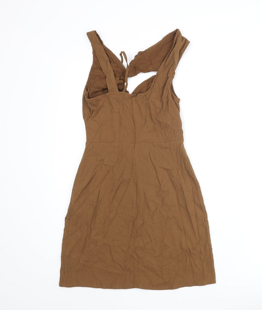 Pull&Bear Womens Brown Polyester Mini Size S V-Neck Zip - Rouched Cut Out