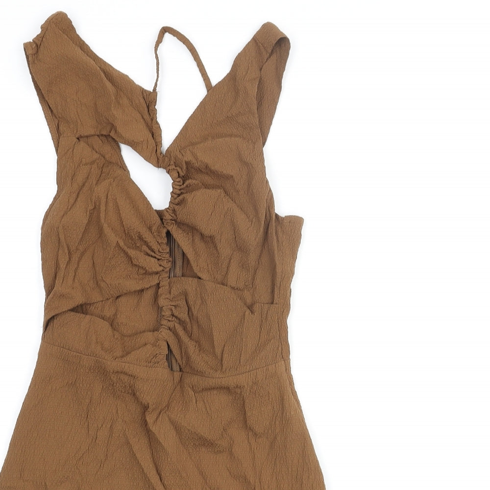 Pull&Bear Womens Brown Polyester Mini Size S V-Neck Zip - Rouched Cut Out