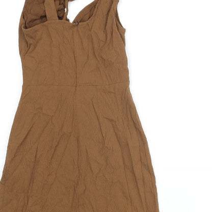 Pull&Bear Womens Brown Polyester Mini Size S V-Neck Zip - Rouched Cut Out
