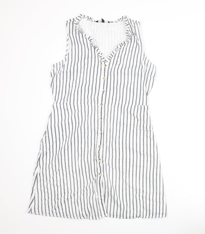 Vera Moda Womens White Striped Cotton Shift Size L V-Neck Button - Frill