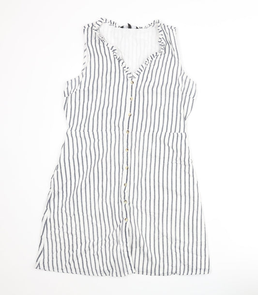 Vera Moda Womens White Striped Cotton Shift Size L V-Neck Button - Frill