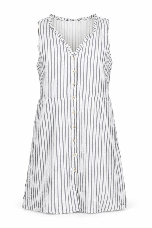 Front view of Vera Moda women’s white striped cotton shift, size L, v-neck button - frill