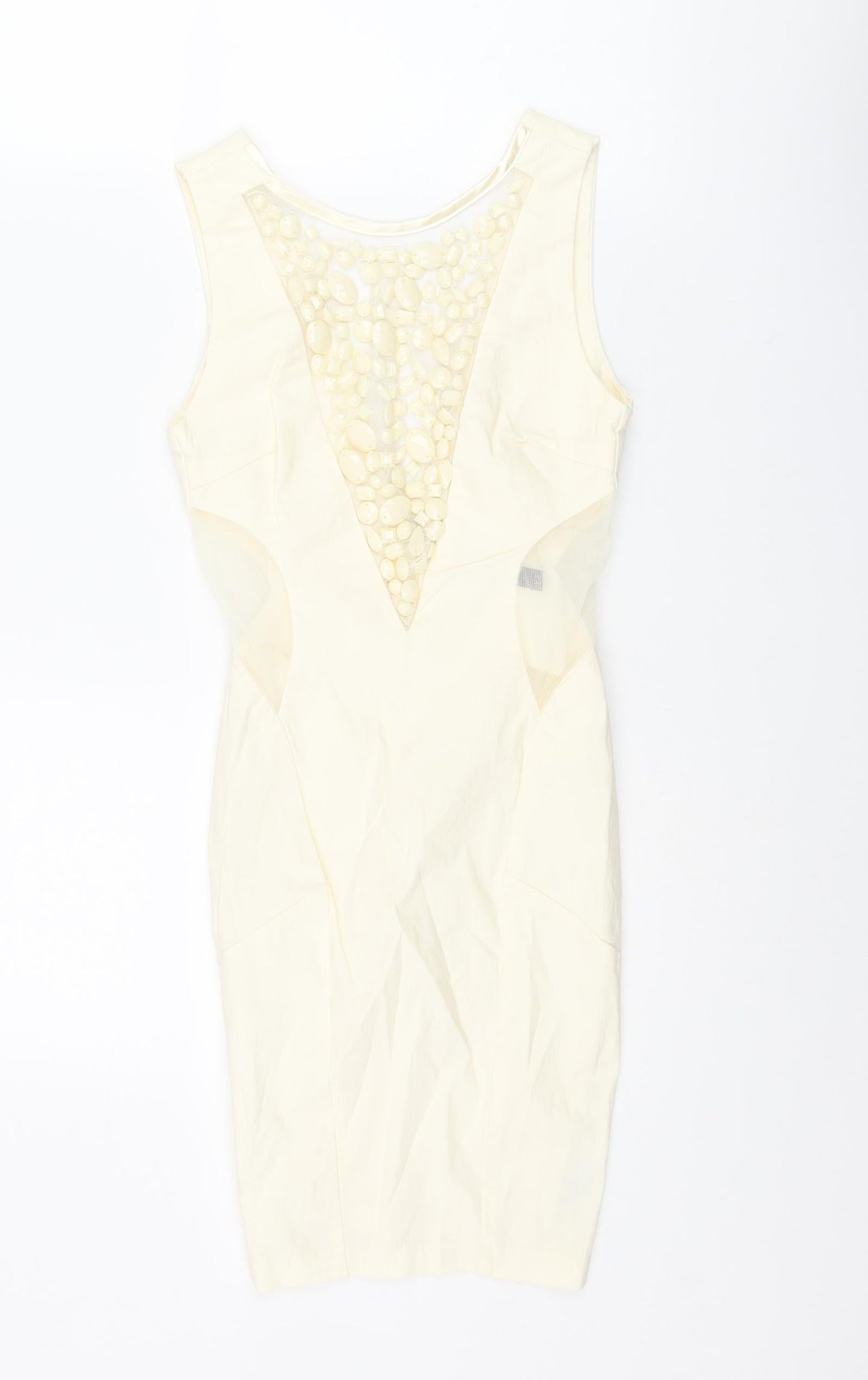 Miss Selfridge Womens Ivory Viscose Bodycon Size 4 Round Neck Zip - Rhinestone