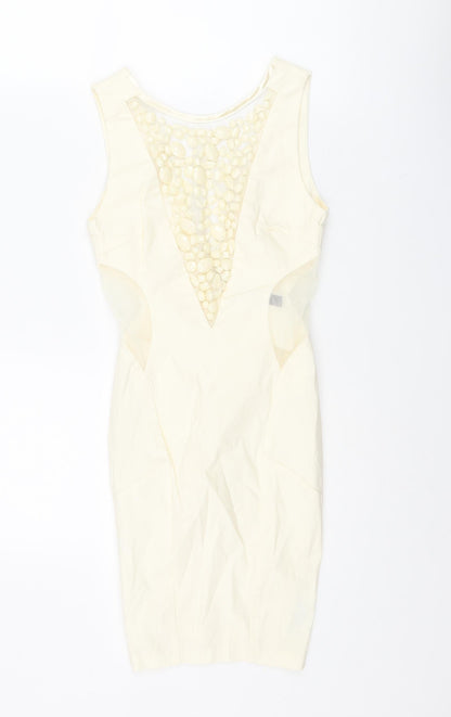 Miss Selfridge Womens Ivory Viscose Bodycon Size 4 Round Neck Zip - Rhinestone