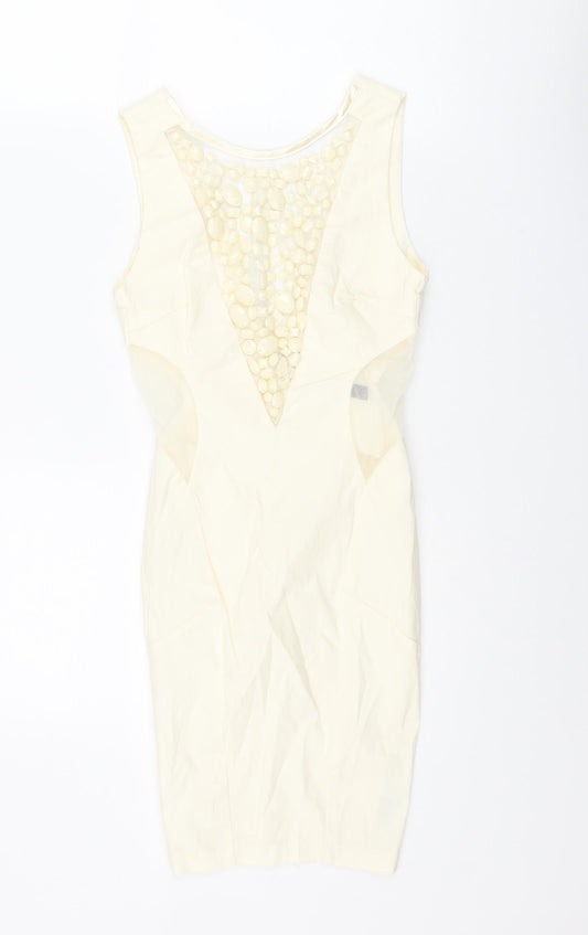 Miss Selfridge Womens Ivory Viscose Bodycon Size 4 Round Neck Zip - Rhinestone