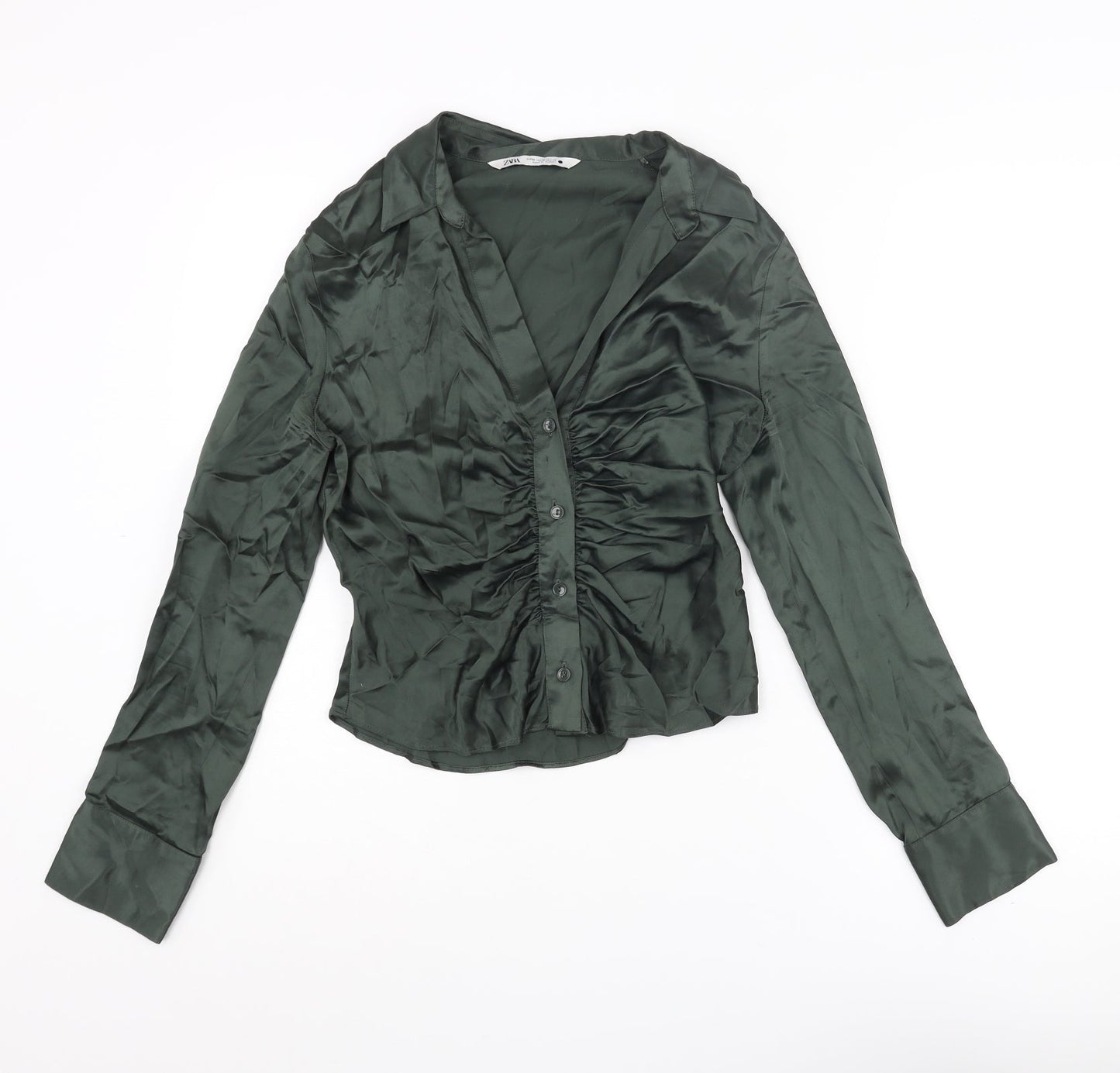 Zara Womens Green Polyester Basic Blouse Size M Collared - Rouched