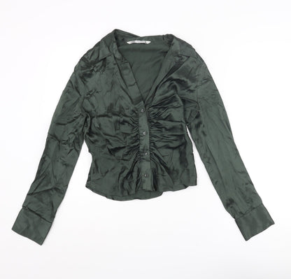 Zara Womens Green Polyester Basic Blouse Size M Collared - Rouched