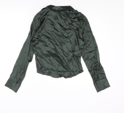 Zara Womens Green Polyester Basic Blouse Size M Collared - Rouched