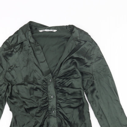 Zara Womens Green Polyester Basic Blouse Size M Collared - Rouched